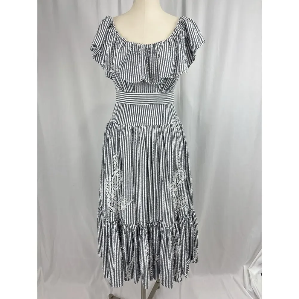 Tory Burch Eyelet Embroidered Seersucker Stripe Ruffles Midi Dress 0 $548